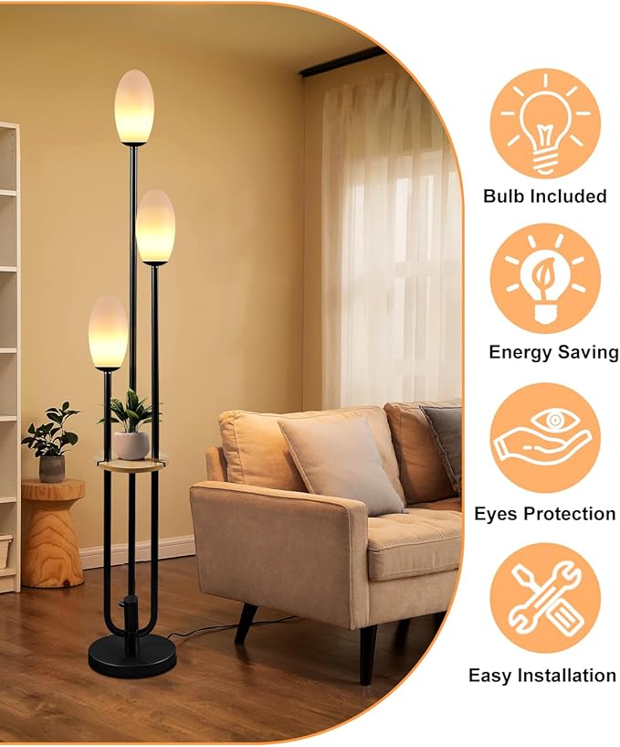 Lightdot Black Dimmable Floor Lamp with Table, 63IN Mid-Century Oval Floor Lamps with 3000K Soft Warm White Bulbs, 3-Lights Candle Holder Style Modern Tall Standing Lamp for Living Room