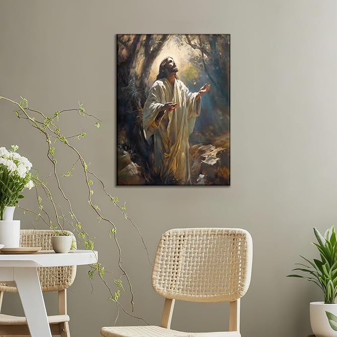 Aglcatie Jesus Canvas Wall Art Christian Wall Decor Pictures Painting Jesus Praying in the Garden of Gethsemane Printed Poster for Living Room Bedroom Church Decoration Framed 12x16 in