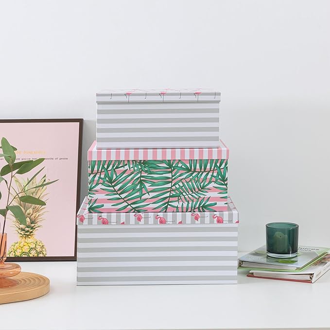 Soul & Lane Decorative Cardboard Storage Boxes with Lids for Home Decor and Organization, Set of 3 Large Keepsake Boxes for Memories & Gifts, Nesting Floral Photo Storage Containers, Tropical