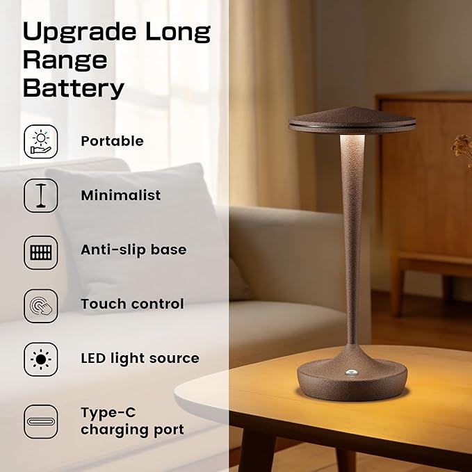 Cordless Table Lamp Rechargeable,Outdoor Table Lamps LED,5000mAh Battery Operated Lamp Stepless Dimming Table Lamps for Restaurant Dining Patio (2PRust)