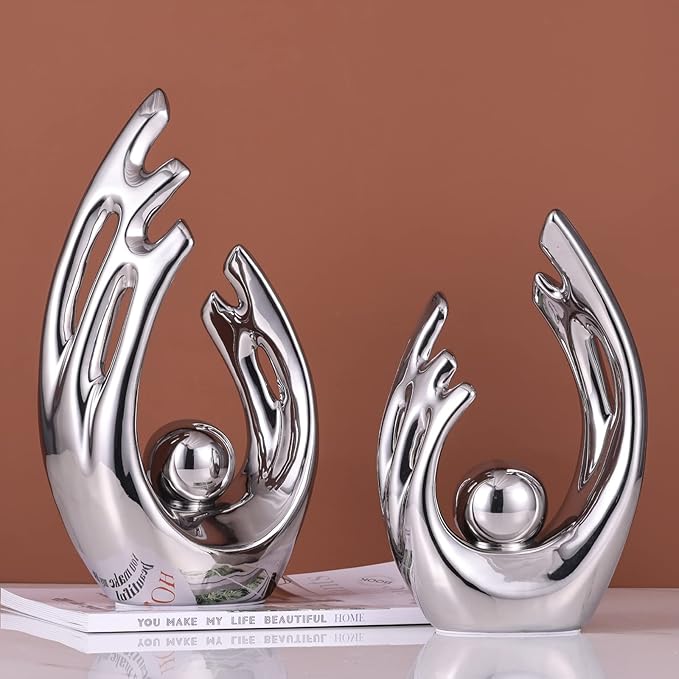 12"H Modern Silver Home Accent, Ceramic Tv Stand Centerpiece Decor, Mid Century Modern Abstract Aesthetics Silver Desk Accessories, Office Table Party Decor