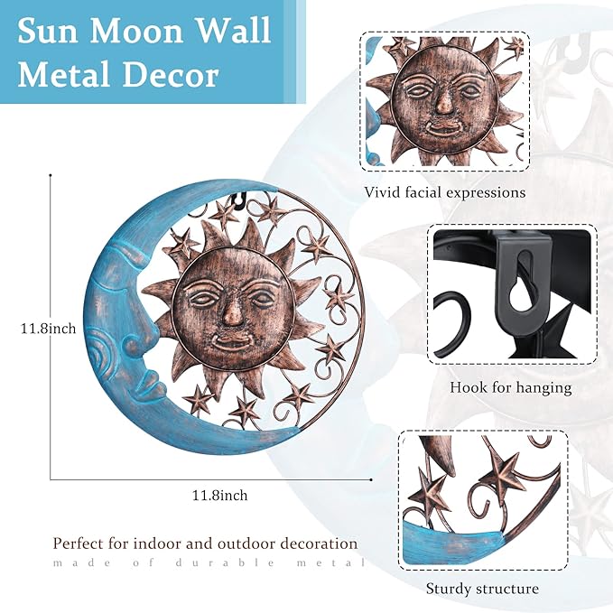 VCUTEKA Sun Face Metal Wall Art Decor Outdoor Sun Moon Patio Garden Fence Deck Yard Pool Wall Sculpture Decoration for Living Room Bedroom Colorful