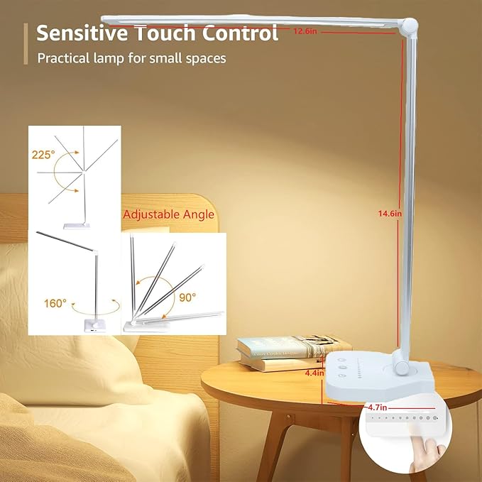 LED Desk Lamp Dimmable Table Lamp Reading Lamp with USB Charging Port, 5 Lighting Modes, Sensitive Control, 30/60 Minutes Timer (Silver)