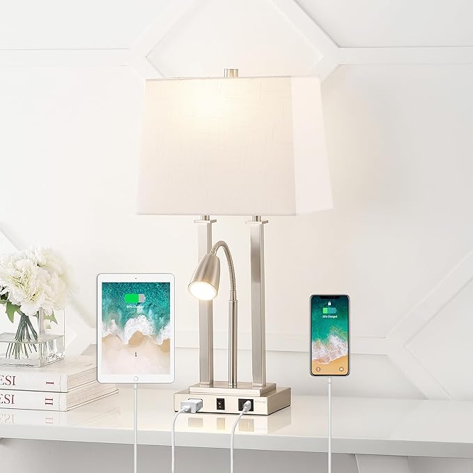 JONATHAN Y JYL1144C Blaire 23.75" 2-Light Modern Farmhouse Metal LED Table Lamp with USB Charging Port for Bedroom, Living Room, Office, Adjustable Reading Light and AC Outlet, Nickel