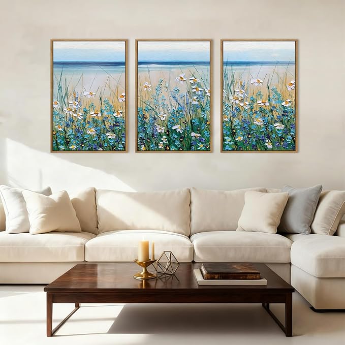 Blue Seaside Cyan Floral Wall Decor Wildflower Canvas Painting Framed Floral Prints Decor for Living Room Bedroom 16x24 Inch Set of 3
