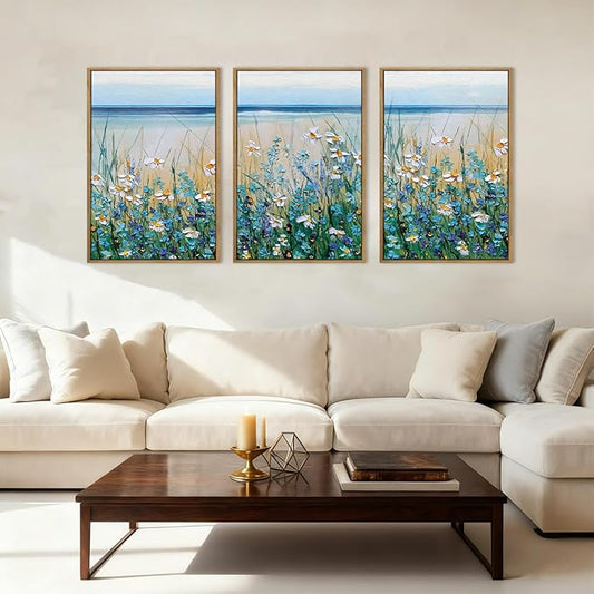 Blue Seaside Cyan Floral Wall Decor Wildflower Canvas Painting Framed Floral Prints Decor for Living Room Bedroom 16x24 Inch Set of 3