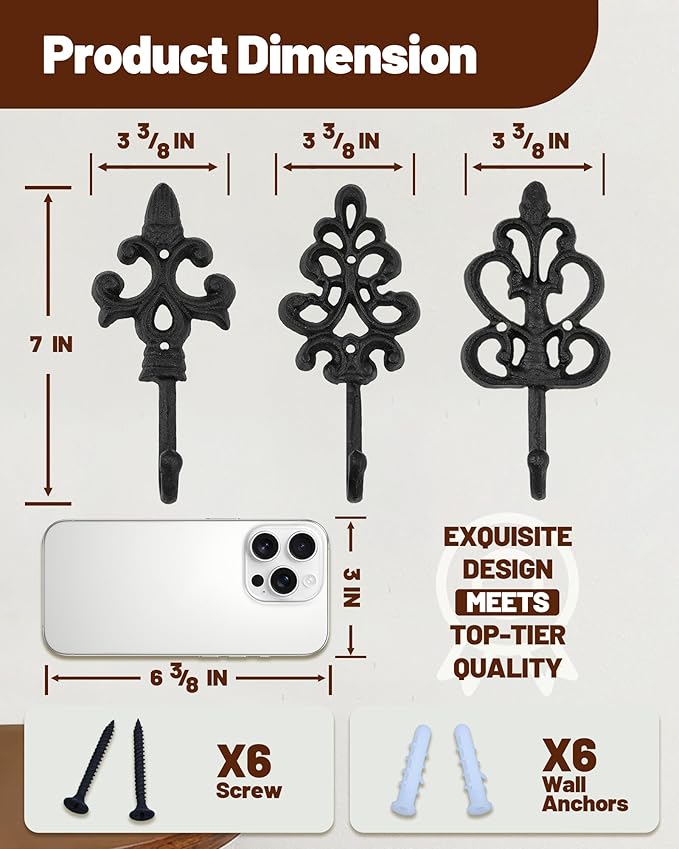 3PCS Wall Hooks for Hanging - Cast Iron Vintage Wall Decor Coat Rack - Vintage Rustic Design Hat Hooks for Kitchen, Entryway - Handmade Heavy Duty Key Hook (Black)