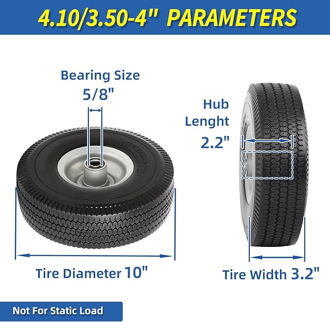 4.10/3.50-4" Flat Free Tire and Wheel, 10" Solid Tire with 5/8" Axle Bore Hole, 2.2" Offset Hub for Hand Truck Garden Wagon Cart Trolley Dolly Lawn Mover Replacement
