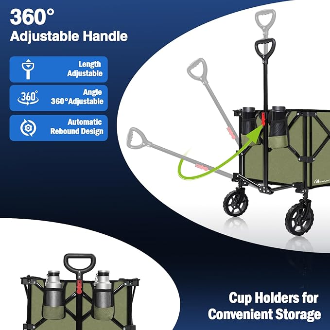 Moon Lence Collapsible Folding Wagon Cart Heavy Duty Folding Garden Portable Hand Cart with All-Terrain Beach Wheels, Adjustable Handle & Drink Holders (Green)