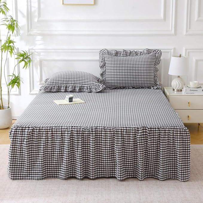 Silnuo Black/White Plaid Bed Skirt Washed Cotton Shabby Gingham Checkered Dust Ruffle King Size 18" Bedding(1 Bed Skirt Only)