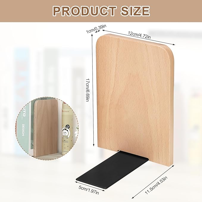 Wood Book Ends, 2 Pack Beech Wood Bookends for Shelves, Non-Slip L-Shaped Heavy Duty Bookends, Book Stopper, Bookshelf Holder Stand for Home, Office, Library, School