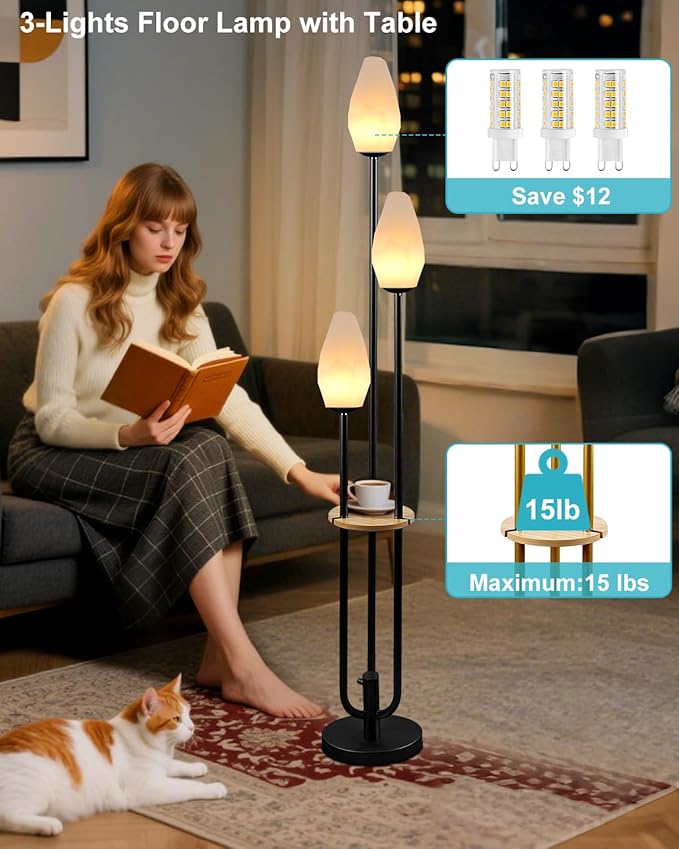 Lightdot Black Dimmable Floor Lamp with Table, 63IN Mid-Century Oval Floor Lamps with 3000K Soft Warm White Bulbs, 3-Lights Candle Holder Style Modern Tall Standing Lamp for Living Room