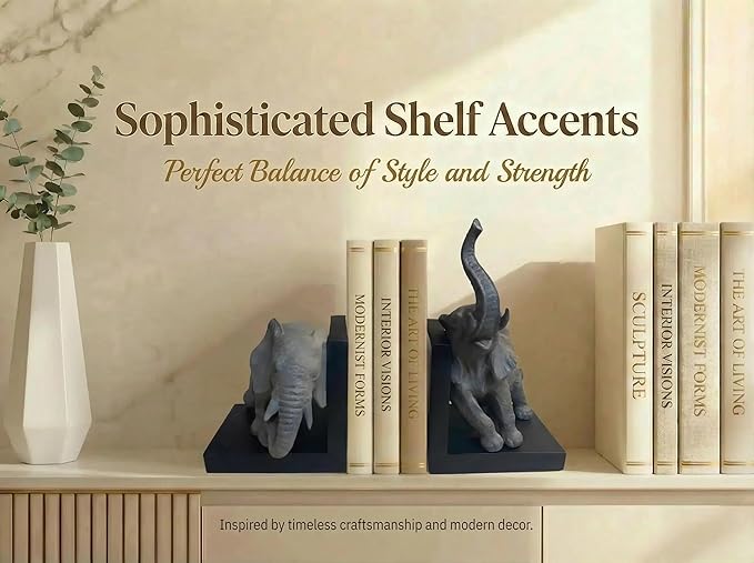Comfy Hour 12" Large Elephant Decorative Bookends, Unique Heavy Duty Animal Book Ends for Shelves, Vintage Polyresin Book Stopper for Heavy Books, Gray & Black, 1 Pair