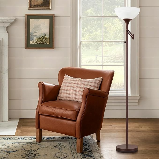 EJIAXIN Floor Lamps for Living Room Bronze, 71" Tall Standing Lamp with Glass Shade, Vintage Floor Lamp with 350°Adjustable Swing Arm Lamp, Pole lamp for Bedroom, Living Room, Office, Bulbs Included