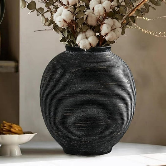 Black Round Ceramic Vase, 9.8 inch Large Textured Flower Vase,Minimalist Rustic Farmhouse Decor for Home, Living Room, Shelf, Table, Bathroom & Entryway Decoration (Black Bronze)