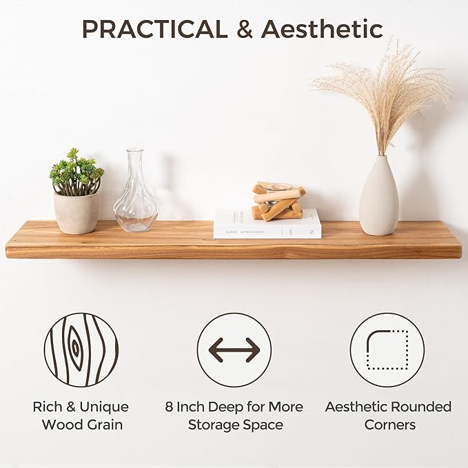 48" Rustic Elm Wood Floating Shelves, 8 Inch Deep Wall Shelves for Home Decor, Wall Mounted Floating Shelf with Invisible Bracket, Heavy-Duty Storage & Display Shelf for Living Room, Kitchen, Set of 1