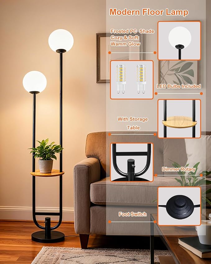 Lightdot 63IN Globe Floor Lamp with Black Candle Holder Style Modern Mid Century Standing Lamps with 2 Globe 3000K Warm Bulbs Included Unique Vintage Tall Floor Lamp for Lving Room