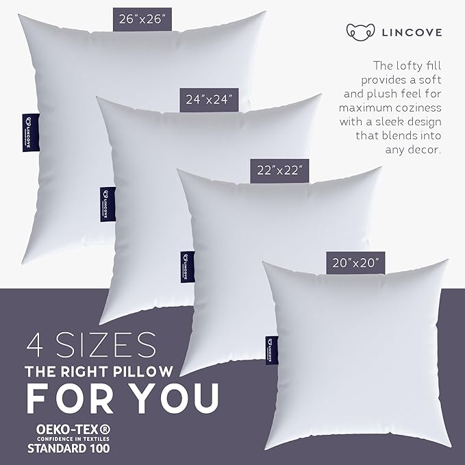 Lincove Euro Throw Pillow Insert Square 26"x26" Pillow – Made in Canada, 100% Cotton Shell, Down Alternative Filling, Vegan-Friendly, Hypoallergenic - Decorative Couch Pillows, 2 Pack