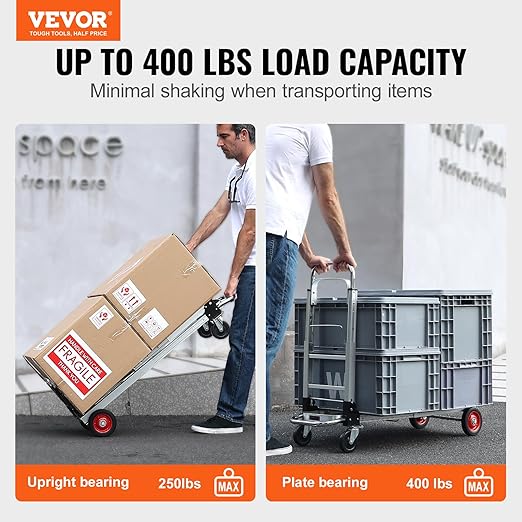 VEVOR Aluminum Folding Hand Truck, 2 in 1 Design 400 lbs Capacity, Heavy Duty Industrial Collapsible cart, Dolly Cart with Rubber Wheels for Transport and Moving in Warehouse, Supermarket, Garden