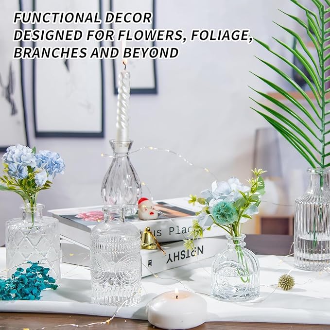 KUAGUINZUHE 12 Pcs Glass Bud Vase Set, Small Clear Vintage Flower Vases for Wedding Centerpieces in Bulk, Mini Embossed Vases for Home Table Decor, Party, Baby Shower Decorations