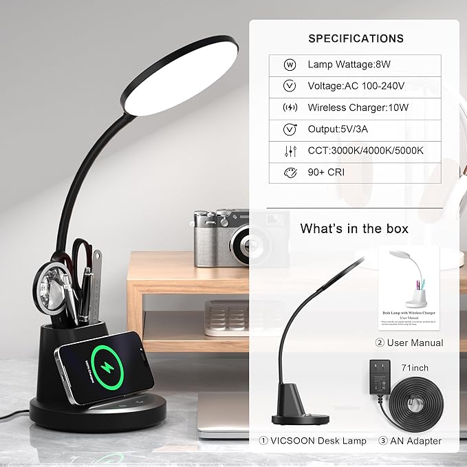 Desk Lamp with Wireless Charger, LED Desk Lamp for Home Office with Pen Holder, Dimmable Eye-Caring Study Desk Light Flexible Arm 3 Color Modes for College Dorm, 800 Lumens CRI 90