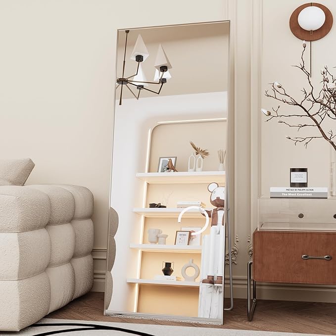 LFT HUIMEI2Y Full Length Mirror - 65"x22", Rectangle Tempered Mirror with Stand, Wall Mounted for Bedroom or Living Room, Silver