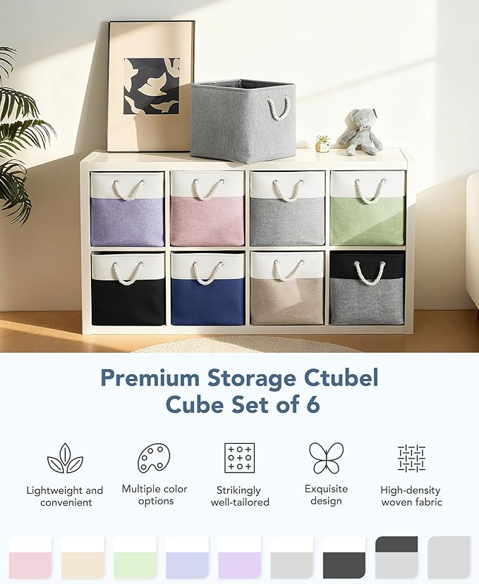 13x15x13 Storage Cube Bins, Heavy Duty Foldable Fabric Storage Bins with Handles and Metal Frame, 6 Pack Large Closet Organizer Bins for Clothes, Socks, Towels, Grey
