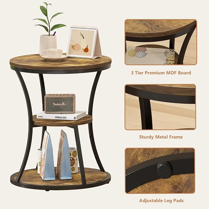 19.69 inches Round End Table,3 Tier Side Table with Storage Shelf,Compact Coffee Table and Tea Sofa Table,Vintage Nightstand for Living Room Bedroom Study Small Spaces ,Rustic Brown and Black