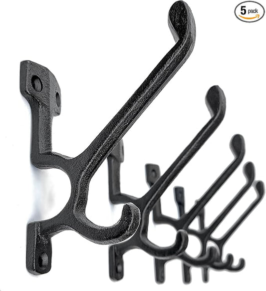Ambipolar 5 Pack Decorative Cast Iron Heavy Duty Double Hooks, Wall Mounted Coat Hooks, Vintage Inspired (Antique Black) (Type-7 Type)