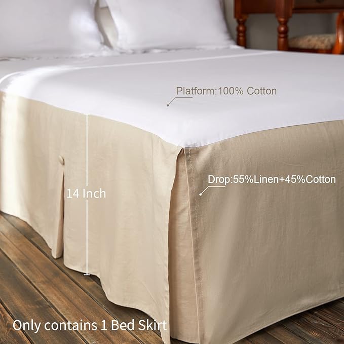 BISELINA French Linen Bed Skirt Split Corner with Button 14-Inch Tailored Drop Natural Flax Cotton Blend Basic Dust Ruffle Soft Cozy (14" Queen,Button Linen)