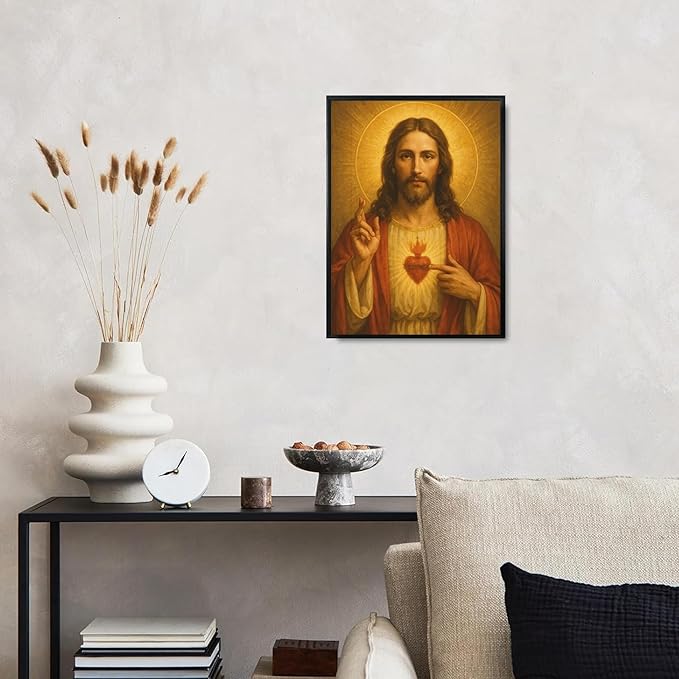 Framed Sacred Heart of Jesus Canvas Wall Art Divine Mercy Wall Decor Jesus Portrait Painting Christian Religious Artwork Catholic Poster Prints for Bedroom Living Room Prayer Room Church 16x24in