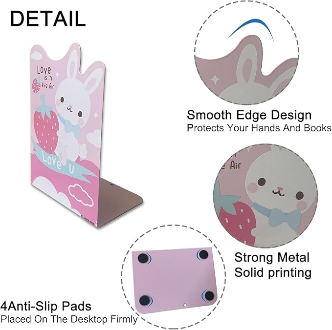 2 Pack Metal Bookends,Non-Slip Rabbit Strawberry Cartoon Astronauts Book Stopper,5.3"x3.9"x8"Heavy Duty Premium Decorative Book End, Supports for Kids Children Shelves,School,Room,Office,Learning Gift