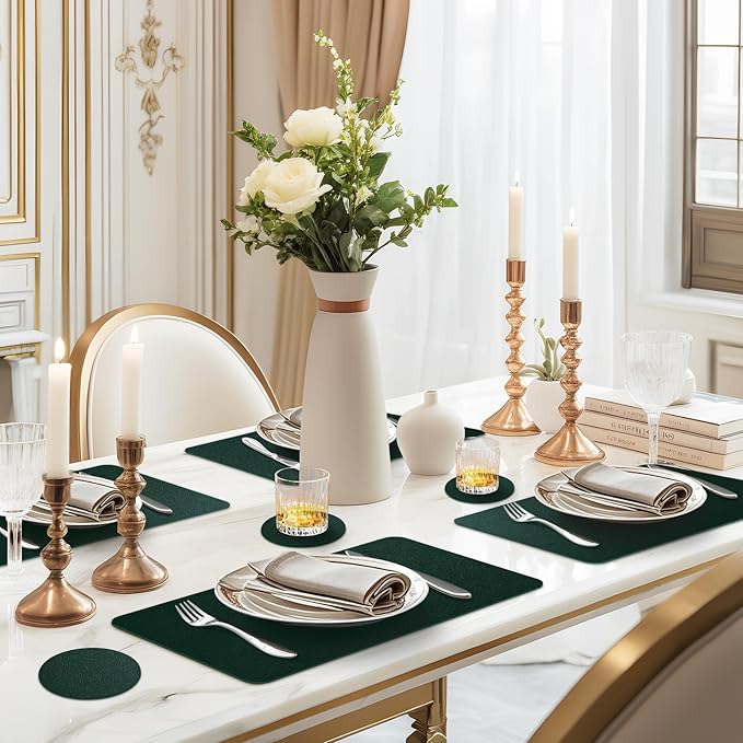 Faux Leather Placemats Set of 6, Vinyl Placemats Heat Resistant Place Mats, Waterproof Oil-Proof Wipeable Dining Table Mats and Coasters for Kitchen, Indoor, Outdoor (Deep Green)