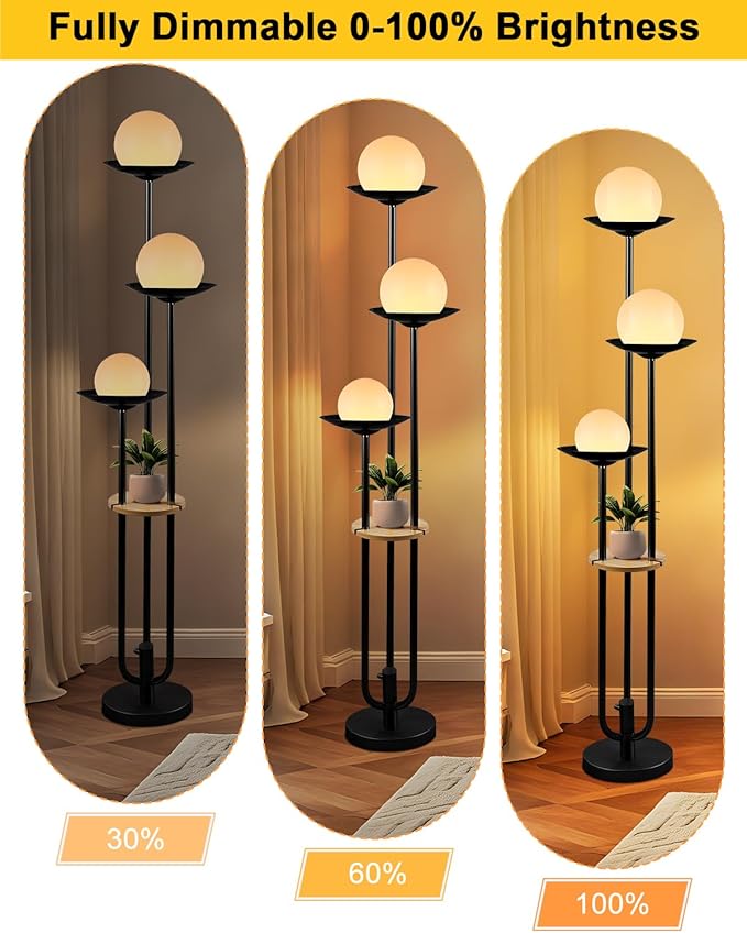 ACOHOOK 63IN Globe Floor Lamp with Table, 3-Lights Modern Dimmable Floor Lamps with 3000K Soft Warm White Bulbs for Wedding/Party, Black Tall Standing Lamp for Living Room/Bedroom