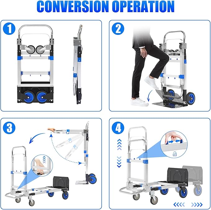 3 in 1 Aluminum Folding Hand Truck Dolly Cart with Wheels 600 Lbs Capacity Collapsible Heavy Duty Convertible Trolley with Retractable Handle for Moving Home Warehouse Office Camping (Blue)