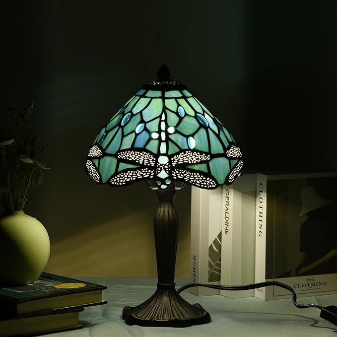 TL0008 Tiffany Lamp Sea Blue Stained Glass Dragonfly Style Desk Reading Light for Small Space Bedside Bedroom Home Office,8" D x 14.25" H, LED Bulb Included