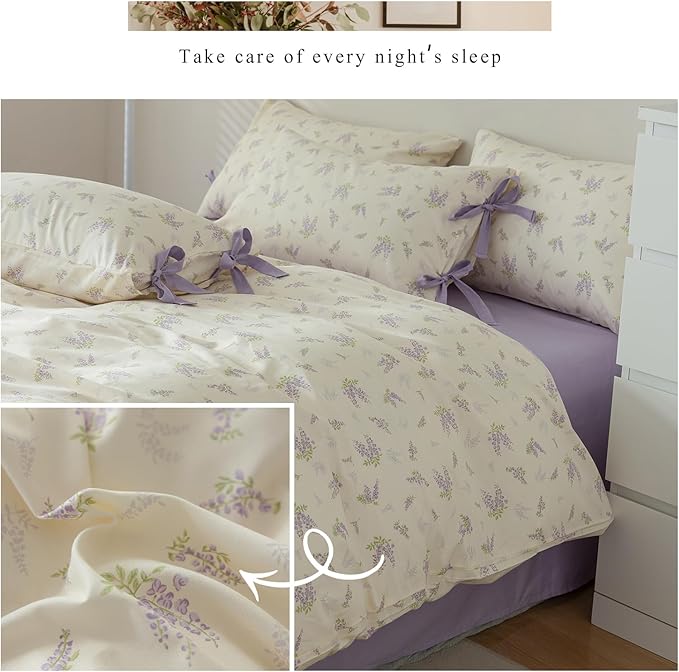 Purple Floral Duvet Cover Queen 3 Piece Cotton Flower Botanical Duvet Cover Vintage Style Lilac Floral Comforter Cover Girls Cottagecore Bedding Sets 1 Queen Duvet Cover with 2 Bow Ties Pillowcases