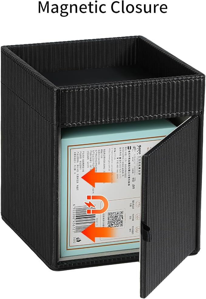 Square Tissue Box Cover with Tray, PU Leather Tissue Box Holder Decorative Cube Tissue Holder for Bathroom Bedroom Office (Black)