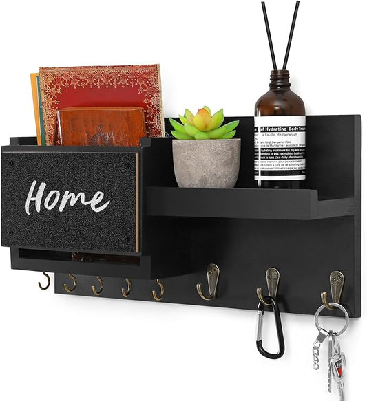 Decorative Key Hanging Rack with 8 Hooks – Easy Install Natural Wooden Key and Mail Holder for Wall Mount – Sunglasses Wallet Holder Entryway Decor with Shelf and Chalkboard (Coal Black)