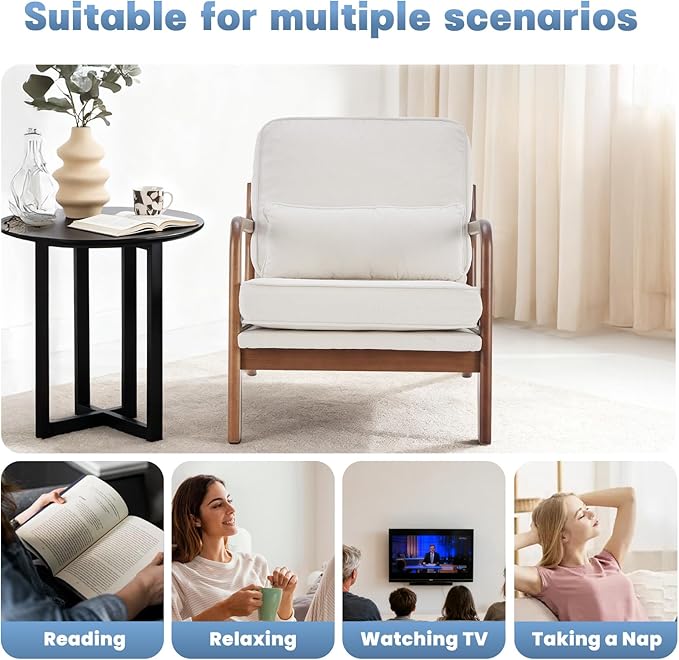 DUMOS Accent Chair,Mid Century Modern Chair with Arms and Waist Cushion, Reading Chairs for Adults, Lounge Chair for Living Room and Bedroom, Solid Wooden Frame,Off-White