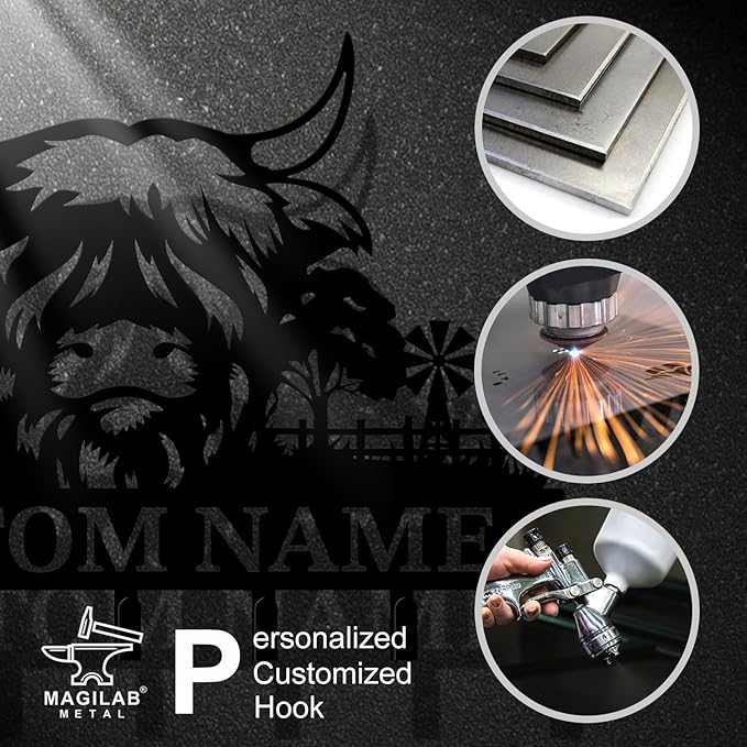 magilab Personalized Custom Highland Cow Wall Hooks,Metal Highland Cow Art Clothes Hooks,Metal Highland Cow Wall Home Storage Decorative,for Front Door, Hallway, Kitchen, Bedroom,Keys,Hats (Style M)