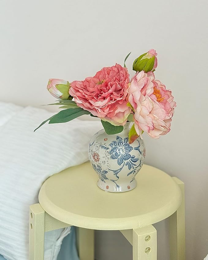 Vintage Blue and White Ceramic Vase, Classic Decorative Porcelain Flower Vase for Centerpiece Living Room Table Shelf, Chinoiserie Country Decor