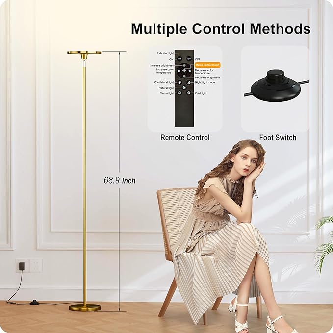 Nukanu Dimmable Floor Lamp with Remote，Floor Lamps for Living Room Bedroom Office，Adjustable Brightness (10%-100%) and Color Temperature (3000k- 6000k)，Standing Lamp Tall Lamp with Foot Switch (Gold)