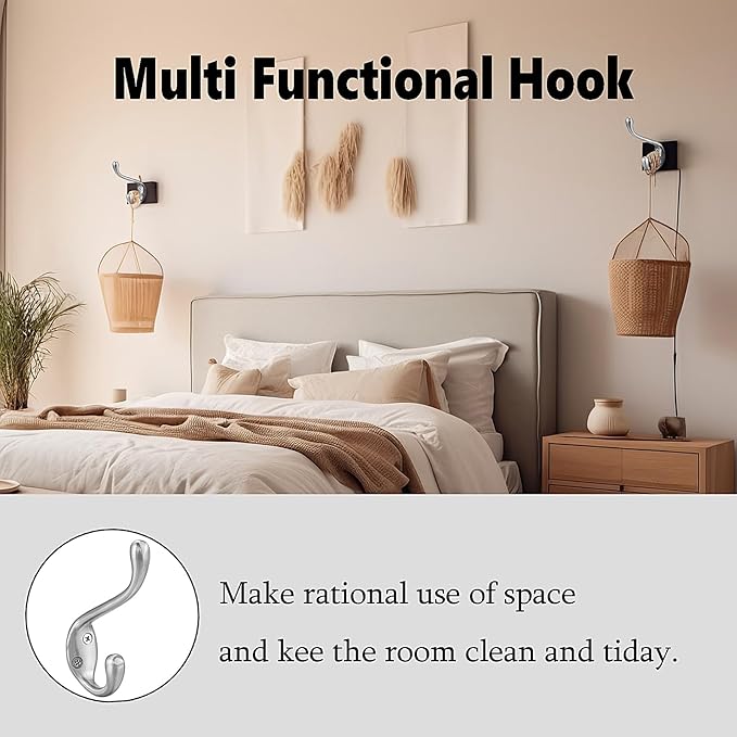 Coat Hooks 5 Pack - Heavy Duty Wall Mounted Brushed Nickel Door Hooks Double Prong Hooks for Hanging Clothes/Towels - Sturdiness Design with Better Mounting System