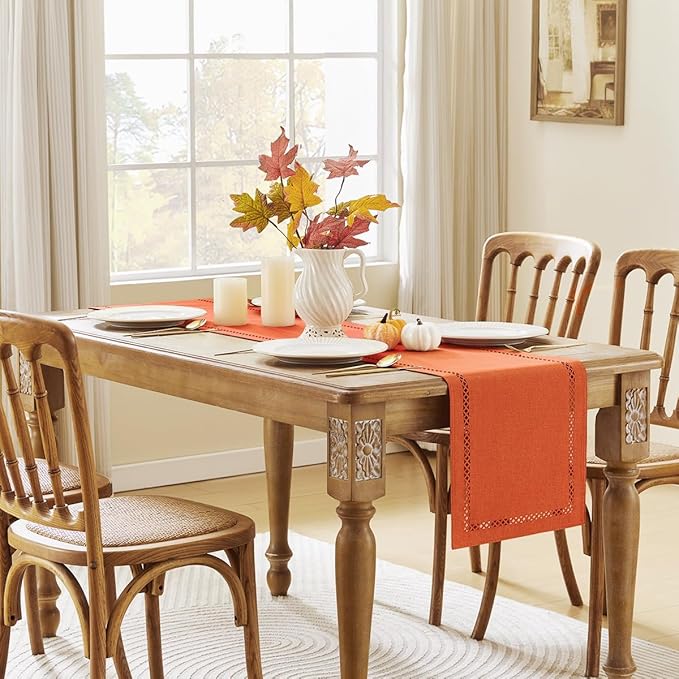 Fall Table Runner Decorations, Burlap Style Farmhouse 13 x 60 Inch Orange Table Runner, Rustic Geometric Hollow Table Runners 60 Inches Long for Autumn Thanksgiving Decorations, 13x60 Inches, Orange