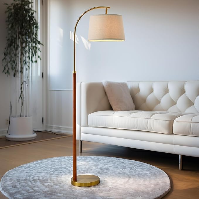 G-SAFAVA 62.5" Wood Floor Lamp for Living Room Gold with Foot Switch Arc Standing Tall Lamps for Bedroom Mid Century Modern Corner Floor Lamps for Office Nursery Industrial Reading Light Room Lamp