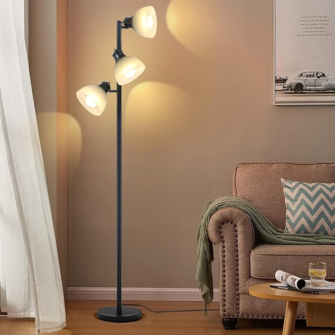 DMBOSS 63" Modern 3-Head Adjustable Floor Lamp, Standing Lamp with Glass Shades for Living Room, Bedroom & Office,3x9W E26 LED Bulbs Included, Weighted Base