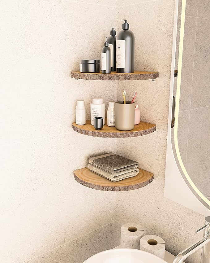 ShineZoom Corner Floating Shelves（3Pcs Wood Corner Shelf Rustic Corner Shelves Wall Corner Shelf for Decor/Storage/Kitchen/Bedroom/Office/Living Room