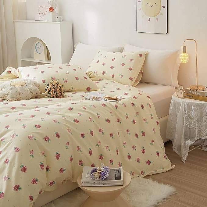 Kawaii Kids Strawberry Bedding Sets - Twin Duvet Cover & 2 Pillowcases, Soft 100% Cotton Comforter, Cream White