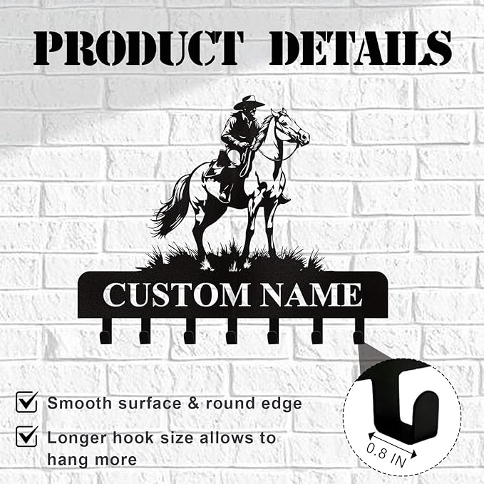 Personalized Cowboy Coat Hooks, Cowboys Horse Key Holder Wall Mount, Clothes Cowboy Hat Rack and Backpack Hanger, Western Wall Decor, Metal Key Rack Organizer for Living Room Bedroom Color01